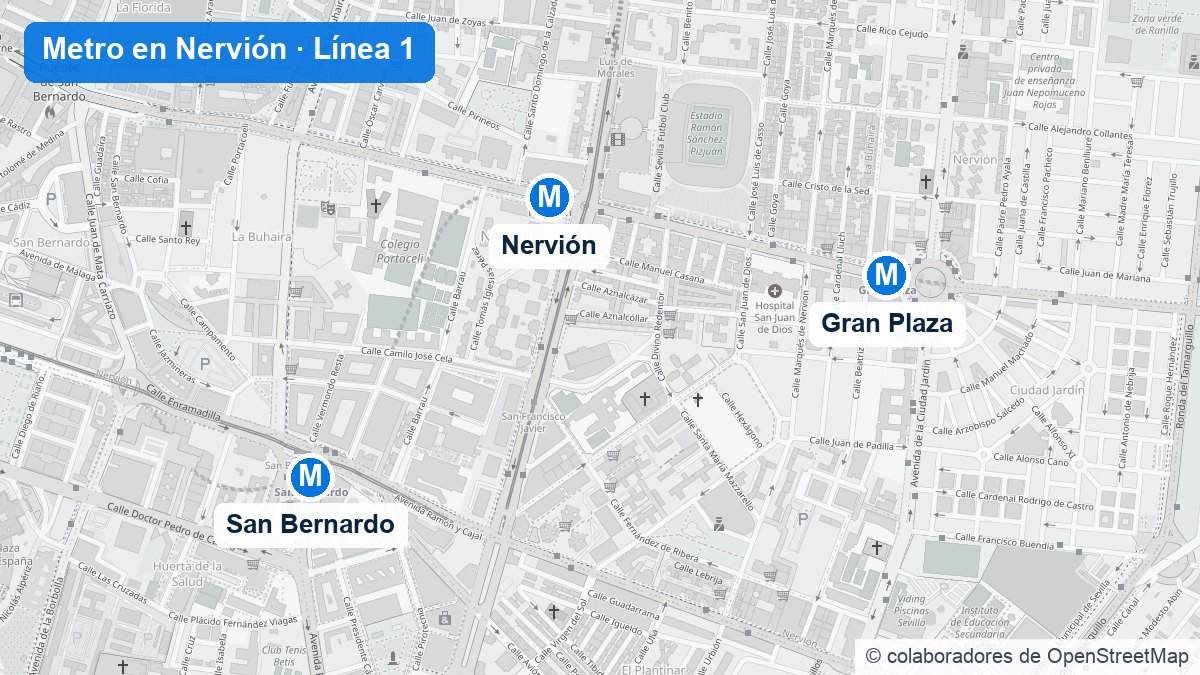 Mapa de Nervión con las estaciones de metro de San Bernardo, Nervión y Gran Plaza (línea 1)